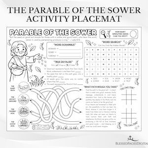 Puede incluir: Posavasos de actividades en blanco y negro titulado "La parábola del sembrador". Presenta una ilustración de dibujos animados de un hombre sembrando semillas, rompecabezas de palabras, un laberinto y tres en raya. Incluye texto de Lucas 8:15.