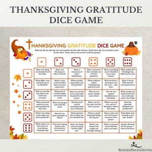Peut inclure: Jeu de dés de gratitude de Thanksgiving avec des invites pour partager les bénédictions, les souvenirs et la gratitude. Comprend une corne d'abondance, une citrouille et des feuilles d'automne. Idéal pour les réunions de famille.