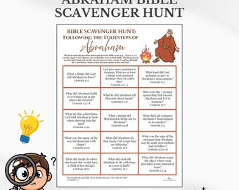 May include: A colorful graphic for an Abraham Bible Scavenger Hunt. The image includes a cartoon of a boy with a magnifying glass, a lightbulb, and a list of questions about Abraham from the Bible.
