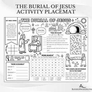 Puede incluir: Posavasos de actividades en blanco y negro titulado "The Burial of Jesus". El posavasos incluye un versículo bíblico clave, ilustraciones, un juego de tic-tac-toe, un revoltijo de palabras, una búsqueda de palabras y una sección de verdadero o falso. El texto "Blessed Pages Digital" está en la parte inferior.