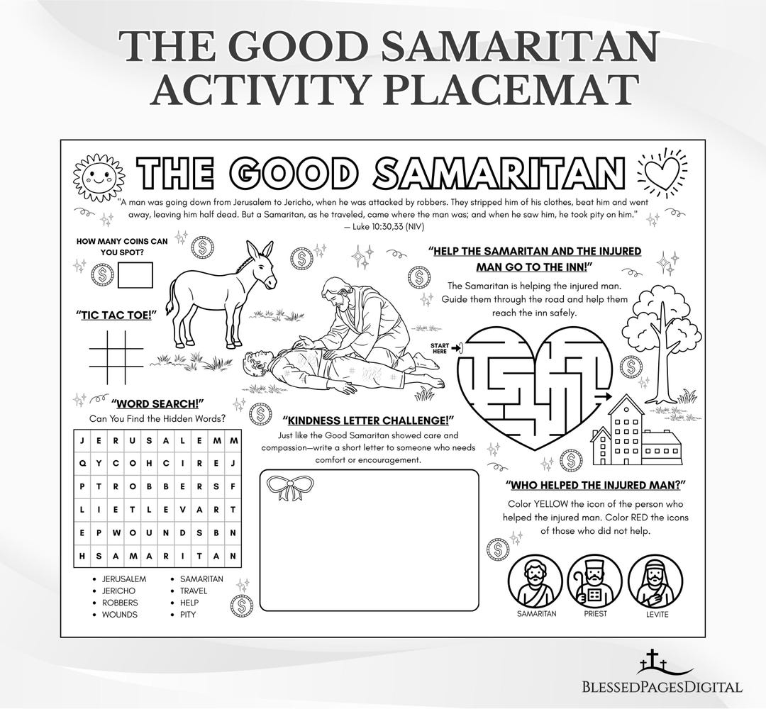 The Good Samaritan Bible Activity Placemat: Sunday School Coloring Page ...