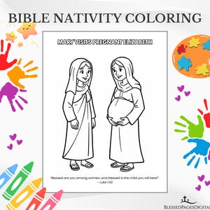 Può includere: Pagina da colorare in bianco e nero intitolata "Maria visita Elisabetta incinta" con il testo "Benedetta tu fra le donne, e benedetto il frutto del tuo grembo!" e "Luca 1:42". Include pastelli e impronte di mani.