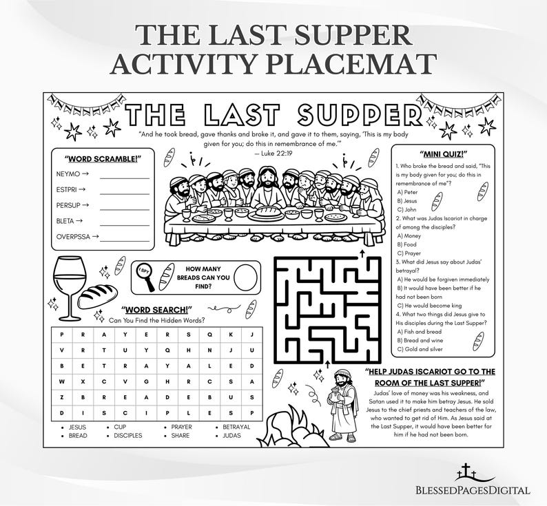 The Last Supper Bible Activity Placemat: Holy Week Sunday School ...