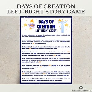 May include: A colorful educational poster titled "Days of Creation Left-Right Story Game." The poster features text describing the creation of the world, with the words "left" and "right" highlighted throughout the text. A graphic of a galaxy and a figure of Jesus are also included.