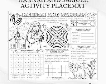 Mantel individual con actividades bíblicas de Ana y Samuel: Página para colorear para la escuela dominical (Descarga en PDF)