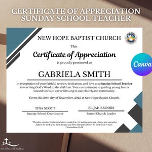 Editable Christian Certificate of Appreciation: Sunday School Teacher (Canva Template, 11x8.5&quot; US Letter Size)