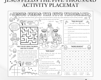 Tapete de actividades bíblicas "Jesús alimenta a los 5000": Página para colorear de la escuela dominical (Descarga en PDF)