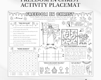 Mantel individual con actividades bíblicas "Libertad en Cristo": Página para colorear de la escuela dominical (Descarga en PDF)