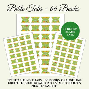 Może przedstawiać: Drukowane zakładki do Biblii z 66 księgami, pomarańczowym i limonkowym wzorem. Zawiera 17 dodatkowych pustych zakładek. Zakładki mają wymiary 3,8 cm x 2,5 cm i są przeznaczone do Starego i Nowego Testamentu. Obraz zawiera również tekst "Bible Tabs - 66 Books".