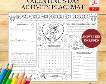 Love One Another Bible Activity Placemat: Valentines Sunday School Coloring Page (PDF Download)