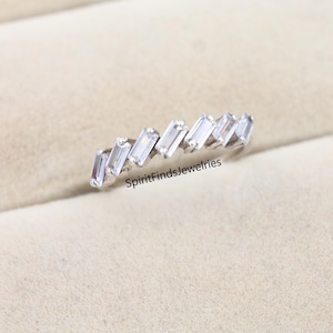 14K Solid Gold Baguette Wedding Ring, Vertical Baguette Half Eternity Wedding Band, Cz Diamond Engagement Band, Moissanite Baguette Ring