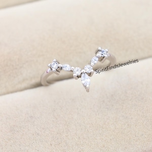 14K White Gold Marquise & Round Curved Wedding Band Unique V Shaped Chevron Matching Wedding Band, Dainty Bridal Promise Band Gift For Woman