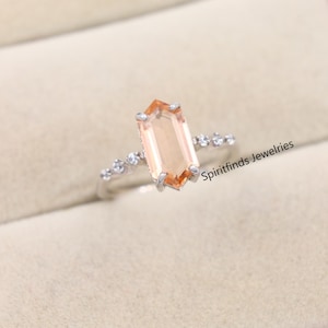 Baguette Morganite Promise Ring, Dainty Peach Morganite Engagement Ring, Half Eternity Diamond Ring, Wedding Ring, Anniversary Gift For Her