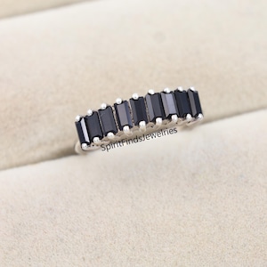 Vintage Baguette Cut Black Onyx Wedding band Unique 14K Yellow Gold Ring Half Eternity Band Stackable Ring Promise Ring Anniversary Gift