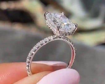 Radiant Cut Moissanite Engagement Ring, 14k White Gold Ring, Hidden Halo Ring, Moissanite Engagement Ring, Anniversary Ring Gift for Her