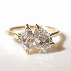 2 TCW Toi Et Moi Ring Pear and Marquise Cut Moissanite Diamond Ring Gold Engagement Ring 14K Solid Gold Ring Two Stone Ring Promise Ring