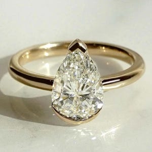 Pear Cut Moissanite Engagement Ring, Half Bezel Solitaire, Dainty Gold Ring, Wedding, Promise, Bridal Jewelry