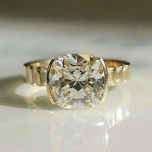 2 Carat Cushion Moissanite Engagement Ring, Half Bezel Diamond Ring 14K Yellow Gold, Promise Ring Gift for Her, Handmade Bridal Jewelry