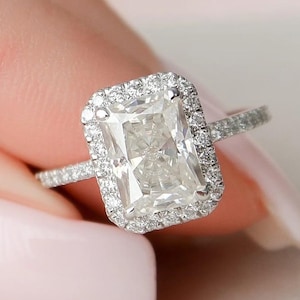 Radiant Cut Engagement Ring, Halo Diamond Ring, Pave Band, 14K White Gold Bridal Ring, Rectangle Diamond Women Anniversary Ring Gift For Her