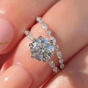 Round Cut Moissanite Diamond Engagement Ring Set, Solitaire Ring with Diamond Band Bridal Ring Set, Anniversary Gift for Her Wedding Jewelry