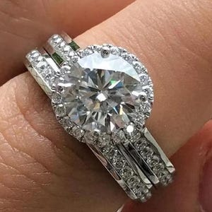 Round Halo Diamond Engagement Ring Set, 14K White Gold Bridal Set with Pave Bands, Wedding Ring for Women, Anniversary Ring Gift