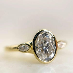 Oval Bezel Set Engagement Ring, 2 CT Oval Cut Moissanite Ring, 14K Yellow Gold Wedding Ring, Three Stone Diamond Ring, Promise Ring for Her