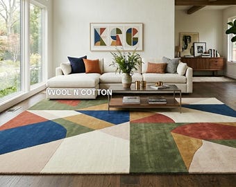 Tappeto geometrico Bauhaus in lana e cotone trapuntato a mano, tappeto astratto moderno di metà secolo.