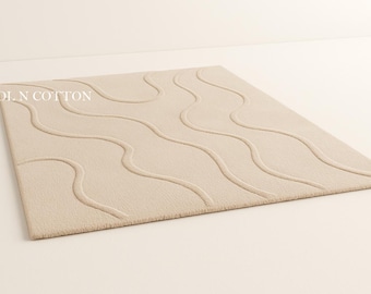 Handgetuft wollen vloerkleed – beige neutraal, modern gebeeldhouwd golftapijt