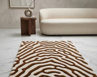 Hand Tufted Tiger Stripe Wool Rug, Cream and Brown Animal Print Area Rug - 3D Carved Organic Wave Carpet - Modern Abstract Neutral Floor Art