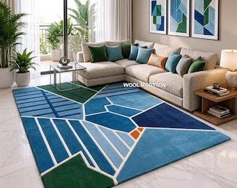 Tappeto in lana trapuntato a mano – Tappeto astratto geometrico blu verde cubista Bauhaus