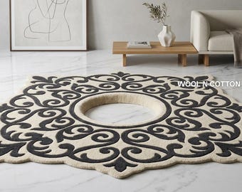 Tappeto medaglione in lana trapuntato a mano – Nero antracite, tappeto barocco con decorazioni a volute color crema