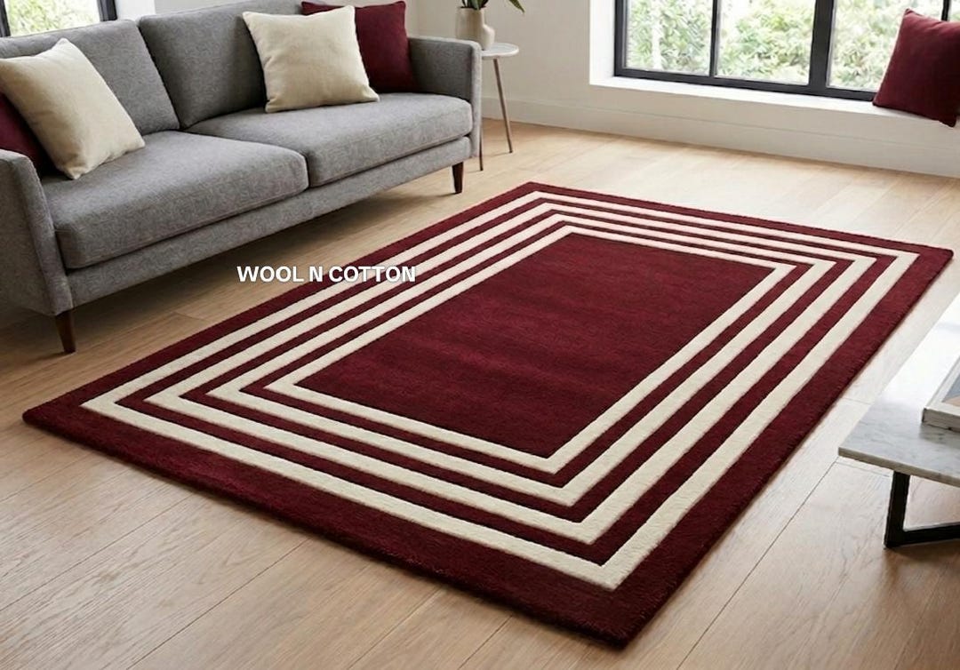 Deco Border Rug Hand-tufted Wool Rug – Burgundy Geometric Border, Art Deco Style ...