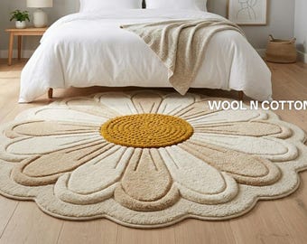Tappeto a margherite trapuntato a mano – Tappeto floreale in lana con bordo smerlato per cameretta e ambiente boho