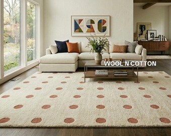 Tappeto in lana a pois trapuntato a mano – Tappeto minimalista color crema terracotta