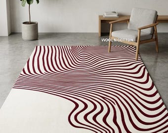 Tappeto in lana trapuntato a mano – Tappeto ondulato astratto color bordeaux e crema