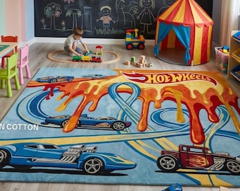 Tappeto in lana trapuntato a mano con motivo auto da corsa – Tappeto per cameretta ispirato a Hot Wheels