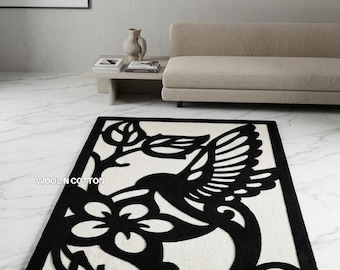 Tappeto in lana con colibrì, annodato a mano – Decorazione per pavimenti in stile Art Nouveau botanico, bianco e nero