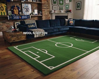 Alfombra de lana tejida a mano con diseño de campo de fútbol – Alfombra para sala de juegos infantil con relieve 3D