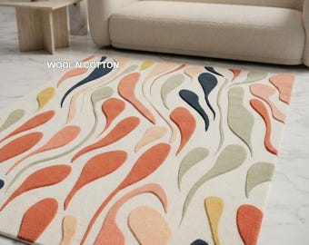 Alfombra de lana tejida a mano con diseño de gotas – Terracota, verde salvia. Arte abstracto de olas.