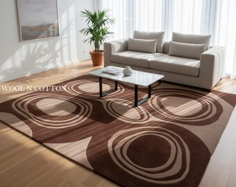 Tappeto moderno in lana con motivo a cerchi – Tappeto geometrico marrone fatto a mano
