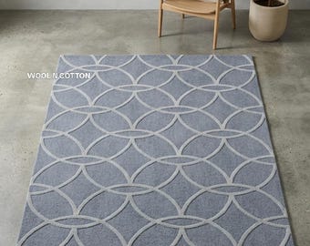 Tappeto a traliccio in lana annodato a mano – Tappeto geometrico blu ardesia