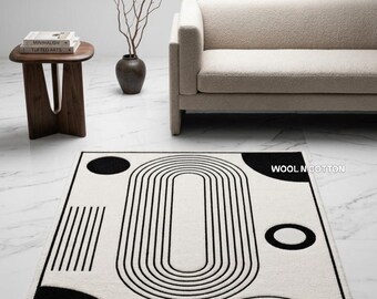Tappeto ad arco in lana trapuntato a mano – Nero Crema Bauhaus Mid Century Graphic Floor Art