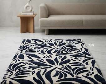Hand Tufted Botanical Leaf Wool Rug - Dark Navy and Cream Floral Area Rug - 3D Carved Abstract Nature Carpet - Modern Scandinavian Floor Art