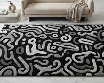 Tappeto in lana trapuntato a mano con motivo astratto a scarabocchi - Nero e grigio, stile Keith Haring - Tappeto minimalista con motivo a scarabocchi intagliato in 3D - Arte grafica moderna per pavimenti