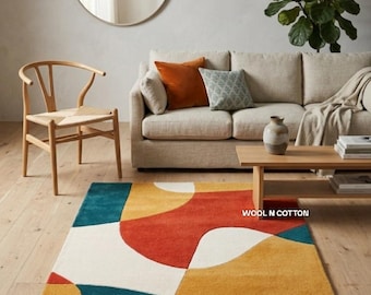 Tappeto in lana trapuntato a mano – Decorazione per pavimento astratta geometrica in stile moderno di metà secolo, color terracotta, verde acqua e senape.