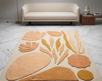 Tappeto botanico in lana trapuntato a mano – Forme astratte color ocra terracotta, tappeto boho per soggiorno