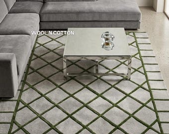 Tappeto in lana trapuntato a mano – Motivo a reticolo di rombi, grigio verde oliva, tappeto intagliato in 3D