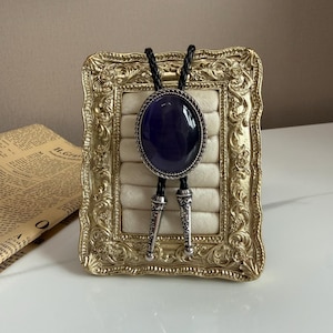 以下が含まれることがあります： 銀色のフレームにセットされた、大きな楕円形の濃い紫色の石が付いたボーラタイ。タイは黒い編み込みコードと装飾的な銀色のチップが特徴です。ボーラタイは、金色の装飾フレームに表示されています。