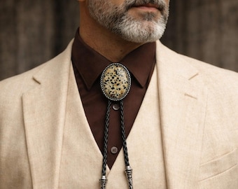 Dalmatian Stone Bolo Tie | Vintage Western Cowboy Tie for Men | Wedding Groom Best Man Necktie | Southwestern Ranch Gift for Him