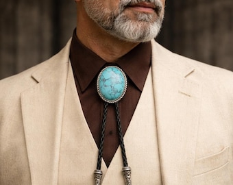 Turquoise Bolo Tie | Aqua Blue Stone Bolo Tie | Vintage Western Cowboy Tie for Men | Wedding Groom Best Man Necktie | Gift for Him